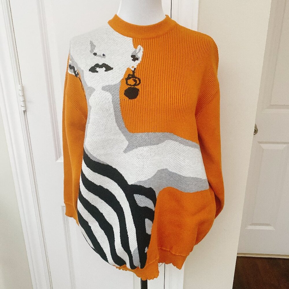 New Oversized Graphic Knit Pullover Sweater Dress